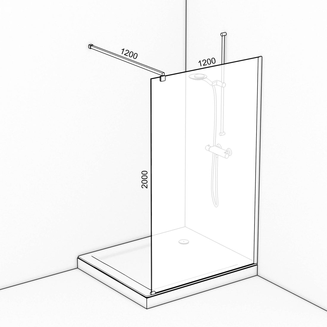 TAT Waterfall Shower Screen 1200X2000X8Mm Wall Mounted