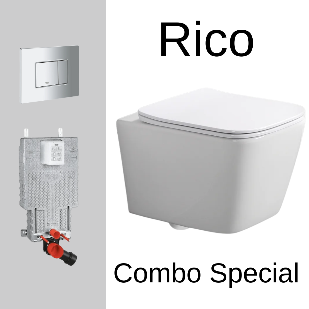 Rico Wall Hung Toilet Set – Square – Tornado Flush | Includes Grohe Uniset Cistern + Grohe Skate Flush Plate