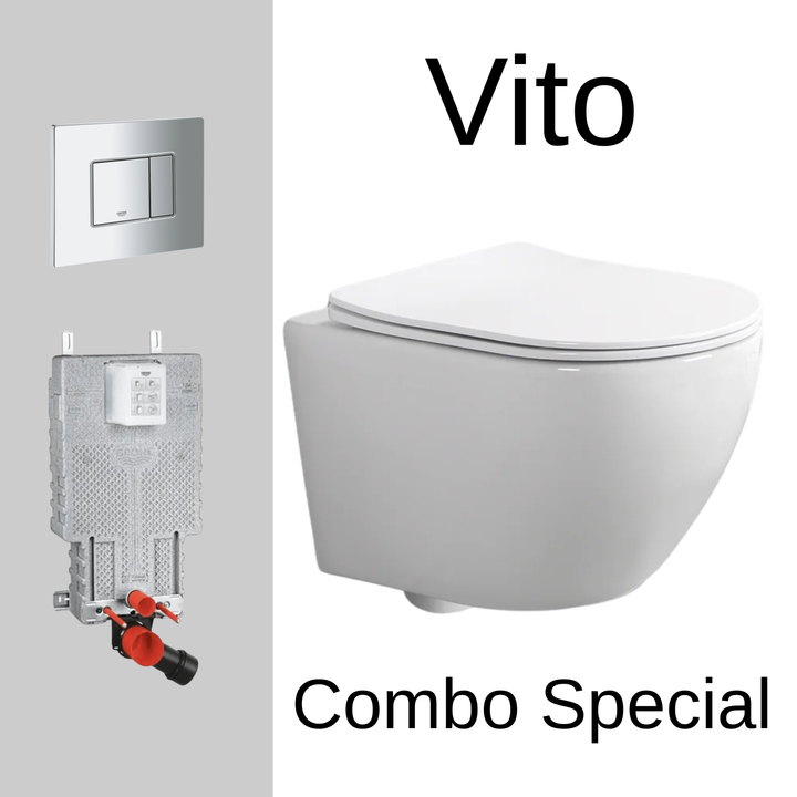 Vito Wall Hung Toilet Set – Round – Tornado Flush | Includes Grohe Uniset Cistern + Grohe Skate Flush Plate