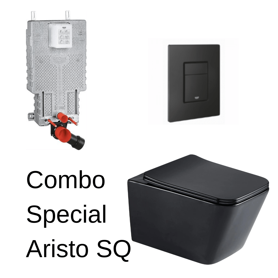 Wall Hung Toilet Set - Aristo Square Black with Grohe Cistern & Flush Plate