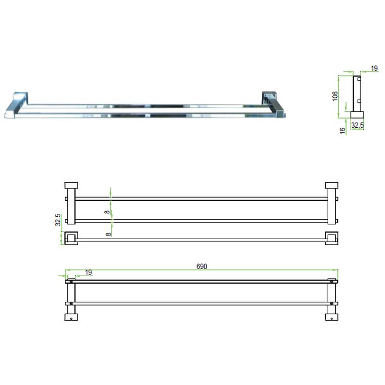 Malta Ch Double Towel Rail (760Mm)