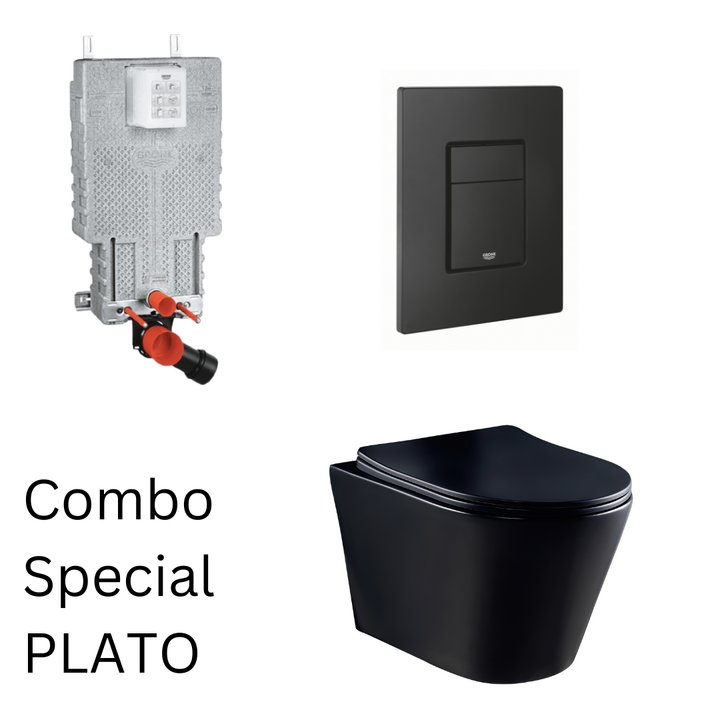 Wall Hung Toilet Set - Plato Square Black with Grohe Cistern & Flush Plate